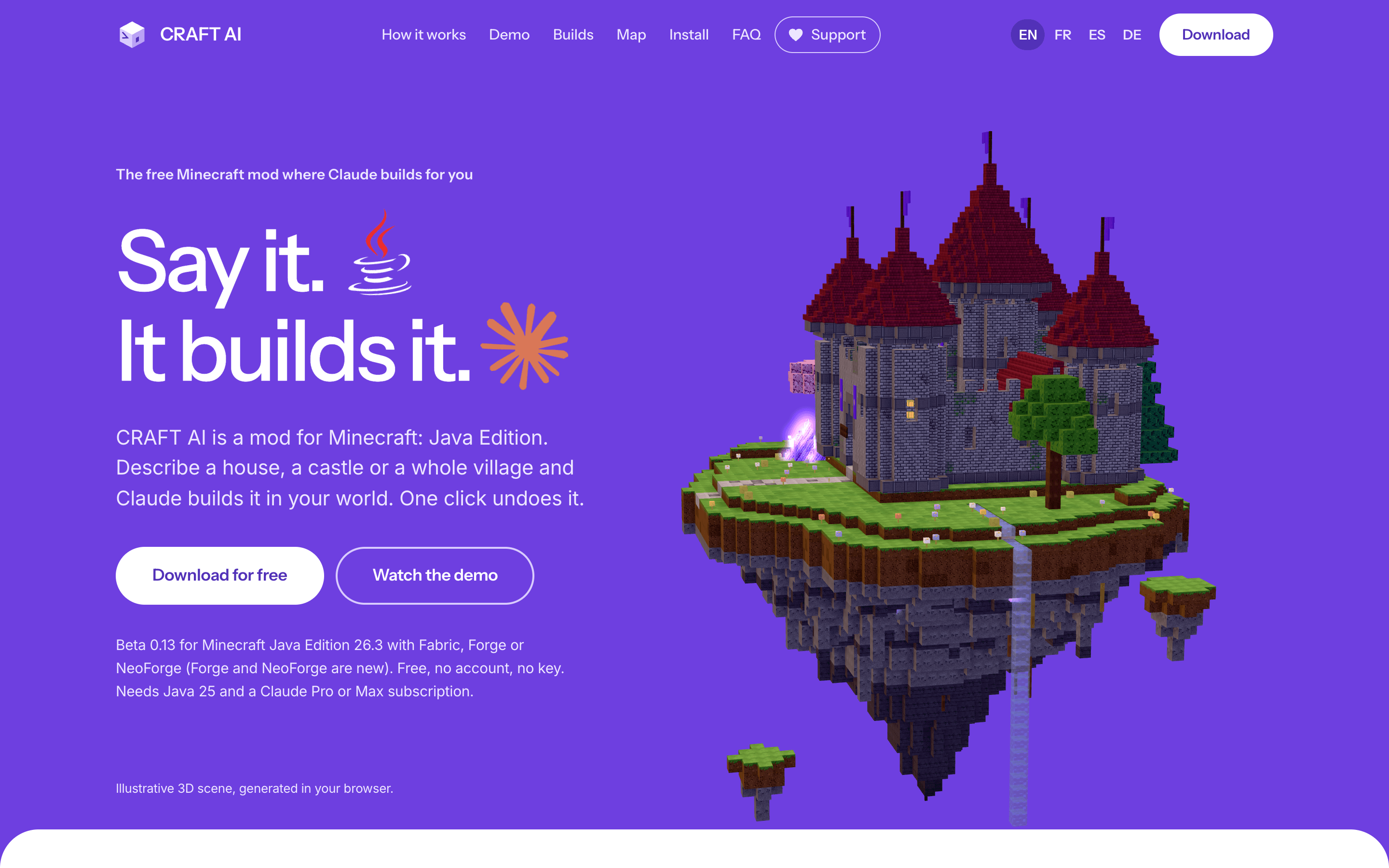 Home page of craftai.world: the headline reads Say it. It builds it., next to a floating Minecraft castle.