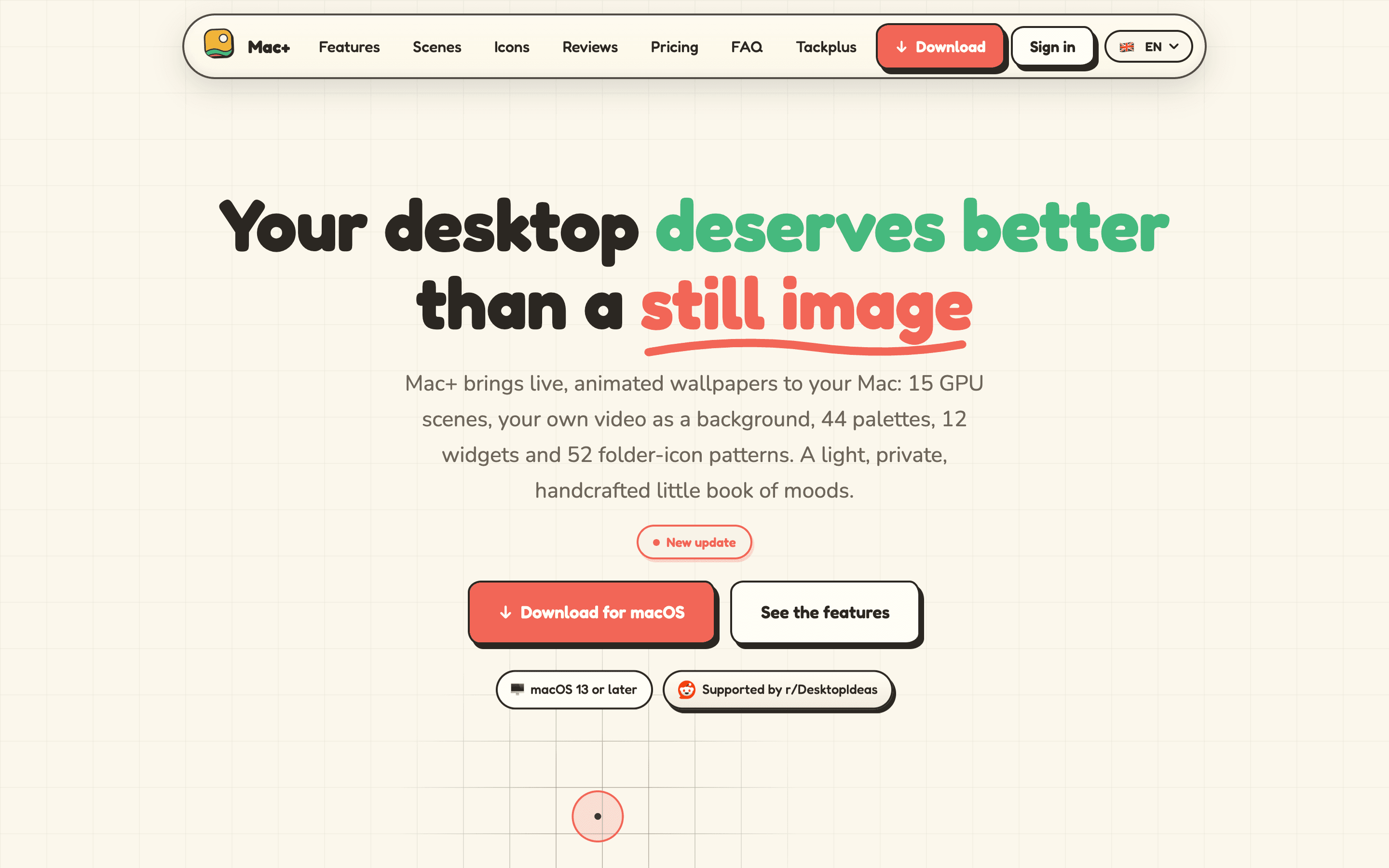 Home page of macplus.pro: the headline reads Your desktop deserves better than a still image.