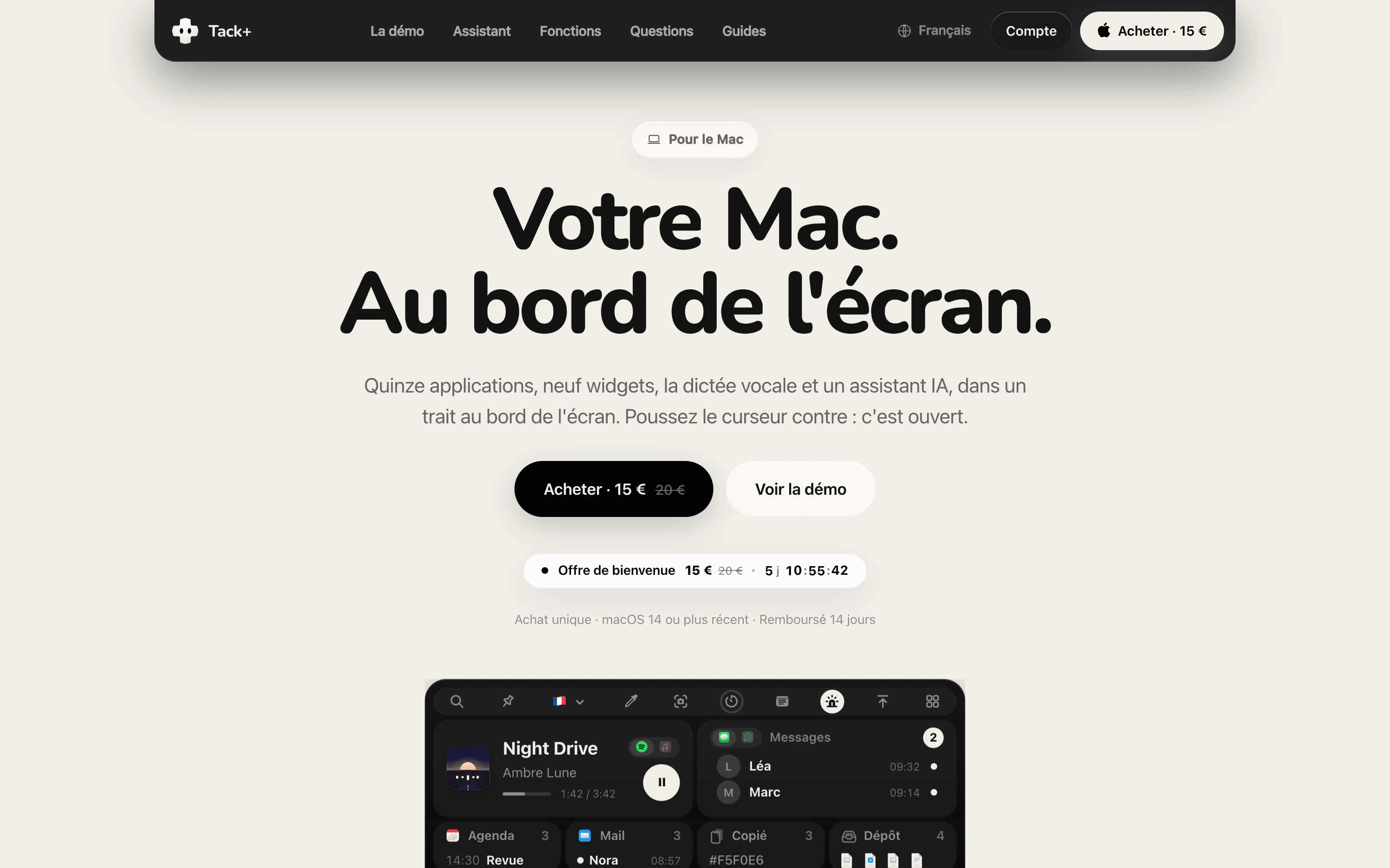 Home page of tackplus.app, in French: the headline reads Votre Mac. Au bord de l'écran.